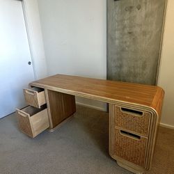Vintage Wood Rattan Desk/Console Table 