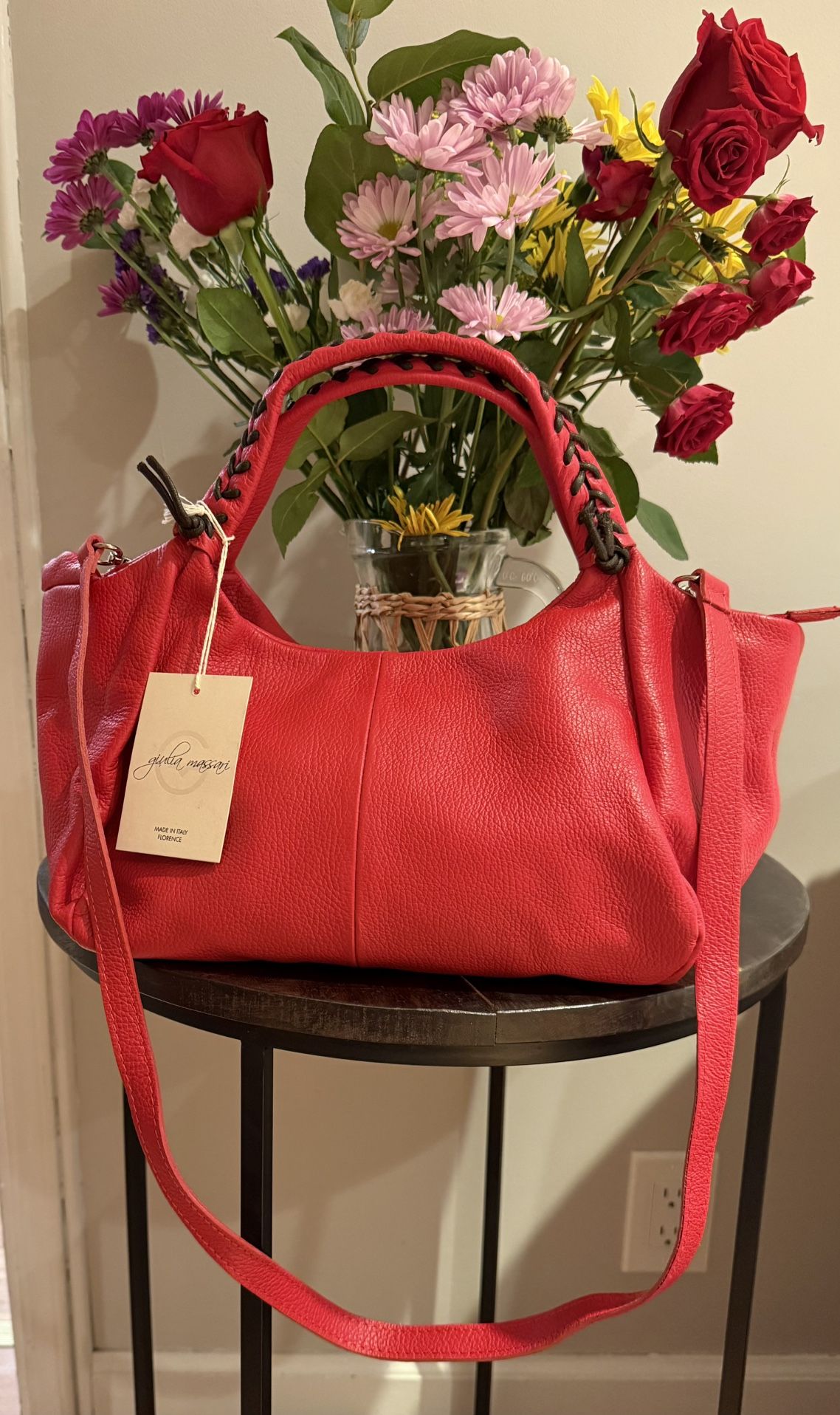 Giulia Massari Italian Red Leather Handbag And Crossbody New with Tags