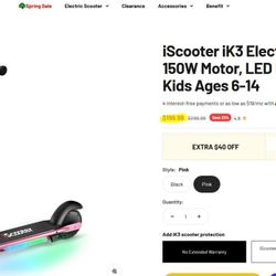 New iScooter IK3 Electric Scooter for Kids Ages 6-12 Light pink for sale