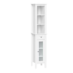 RiverRidge Prescott Tall Bathroom Storage Linen Cabinet and Organizer with Drawer, Glass Door, and Shelves - White
