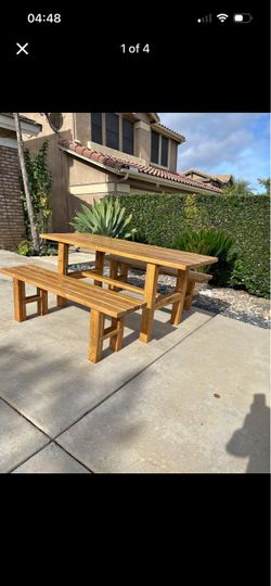 Outdoor Wood Picnic Table with Two Benches