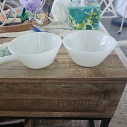 Set of 2 Vintage Fire King Anchor Hocking White Milk Glass Soup Bowl With Handle