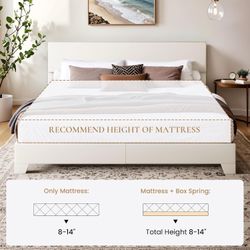 King Size Bed Frame with Adjustable Headboard, Faux Leather Upholstered Platform Bed with Wood Slats, Stable Mattress Foundation,No Box Spring Needed,