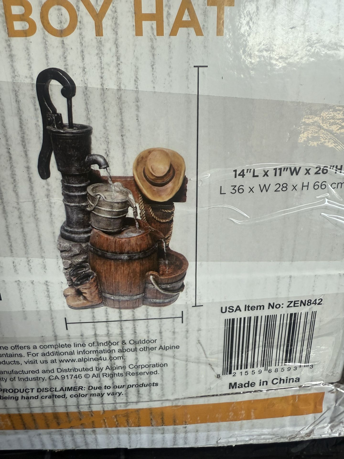 Barrel Water Fountain With Cowboy Hat NIB