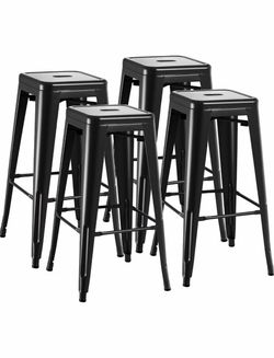 T) 30-Inch Metal Bar Stools, Set of 4, Backless Stackable Counter Height Stools, Indoor/Outdoor, Black, $70
