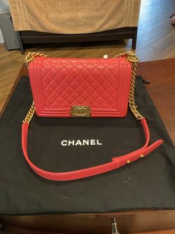 Chanel Boy Bag  Quilted Caviar Leather in Coral Authentic