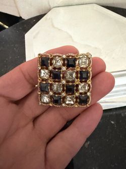 Gold-tone brooch checkerboard pattern black and clear Crystal square stones 1.5”x1.5”