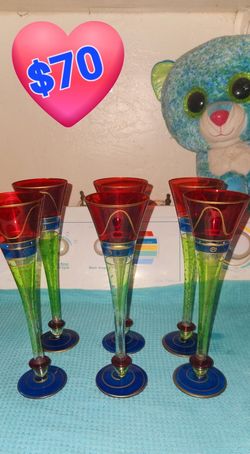 Set (6) of VINTAGE Colorful Hand Painted CHAMPAGNE Flutes