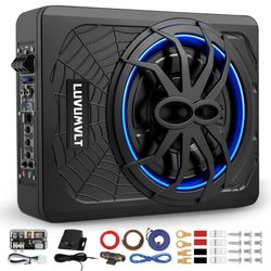 LUVUMVLT 1200W 10" Car Subwoofer, Slim Under Seat Powered Subwoofer and Amp Package,High/Low Level Input, Car/Truck Audio Sub Built-in Amplifier amp C