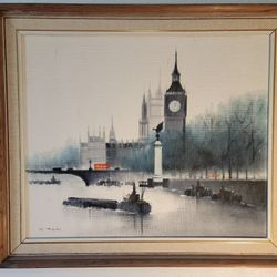 H. Mann Original Oil Painting 60's Mid Century *LONDON BIG BEN +