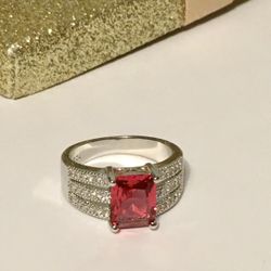 Garnet Colored Sterling Silver Ring, Size 8