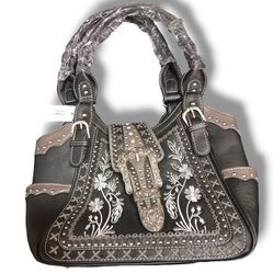 Western Style Tooled Leather Buckle Concealed Carry Handbag 