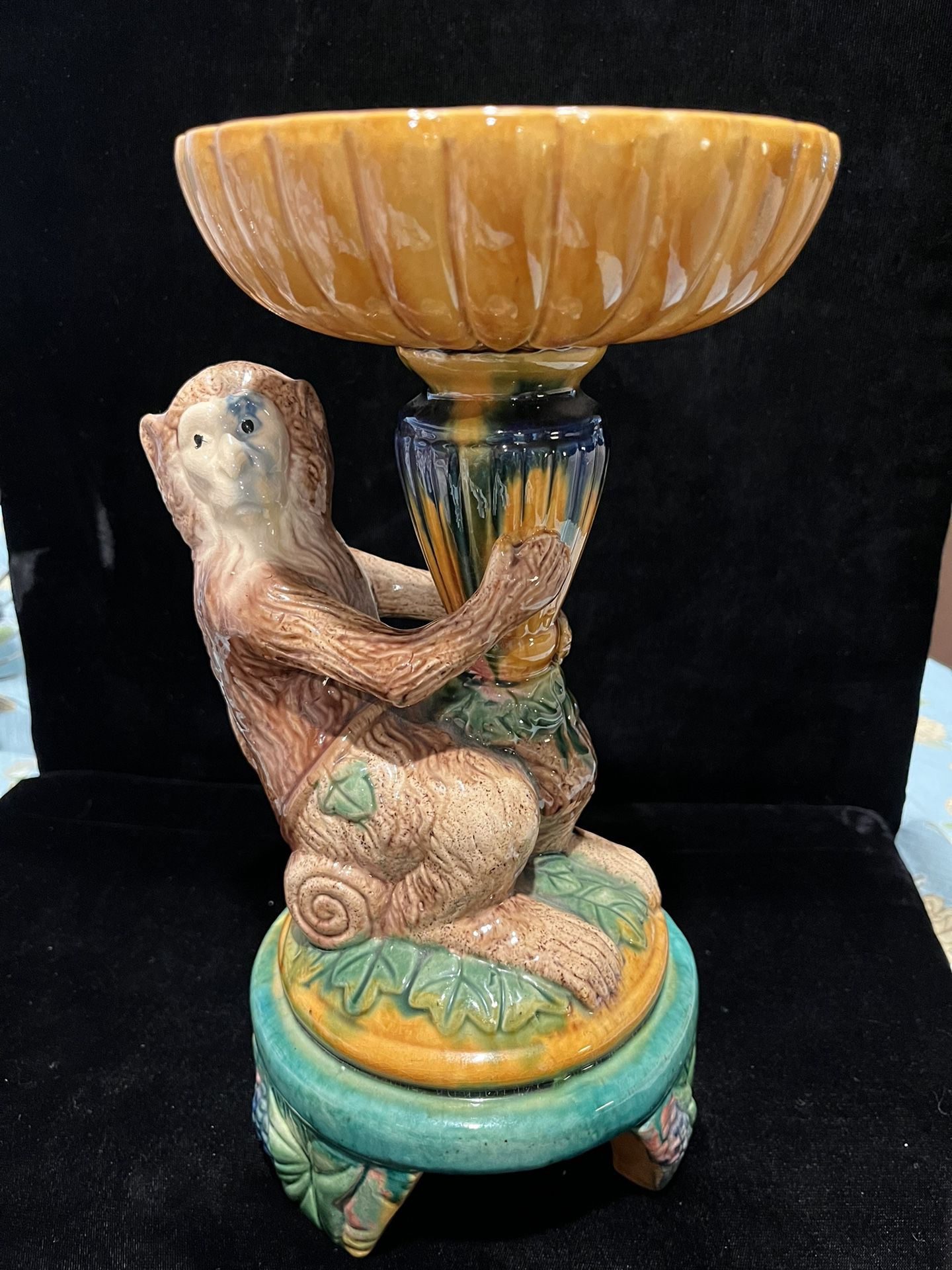 Vintage Majolica Monkey With Bowl On Head 