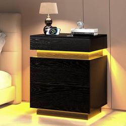 COWMOU LED Night Stand with Charging Station, Sliding Top Hide Storage, 2 Outlets and USB-A/C Ports Bed Side Tables Bedroom Set Black End Table for Li