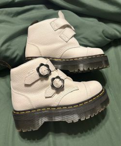 Dr. Martens White Platform Boots with Flower Buckles
