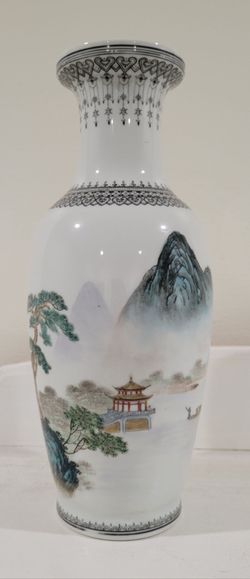 Vintage Chinese Jingdezhen Porcelain Landscape Vase – Mountains & Pagoda