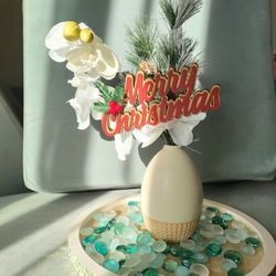 Centerpiece Set With Artificial Flower, Vase, Tray, Glass Pebbles