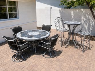 Heavy Mosaic Patio Dining + High-Top Set w/ Propane Grill & 6 Chairs