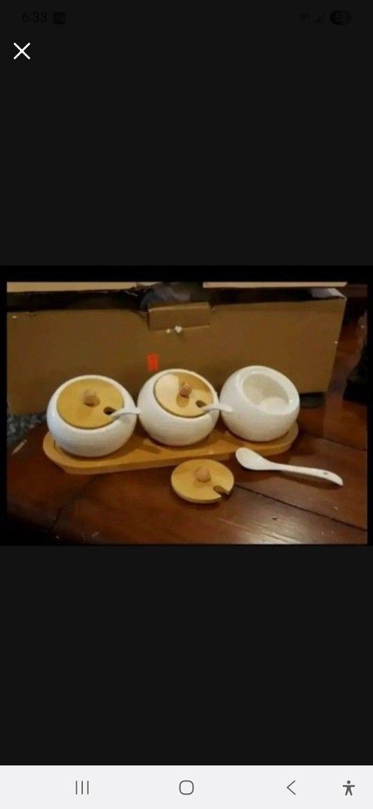 NewSet Of 3 Glass Jars With Bamboo Spoons & Tray, Tea Coffee Sugar, Canisters, Homeware, Gift, Kitchen,