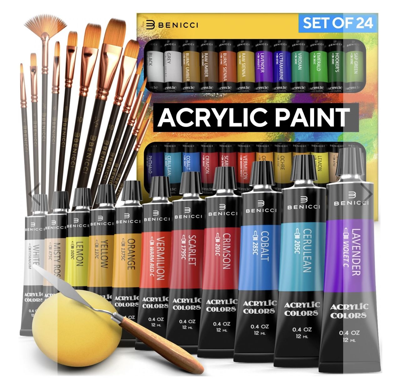 COMPLETE ACRYLIC PAINT SET – 24Х RICH PIGMENT COLORS – 12X ART BRUSHES WITH BONUS PAINT ART KNIFE & SPONGE