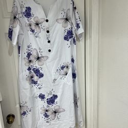 New White And Purple Floral Knee Length Dress