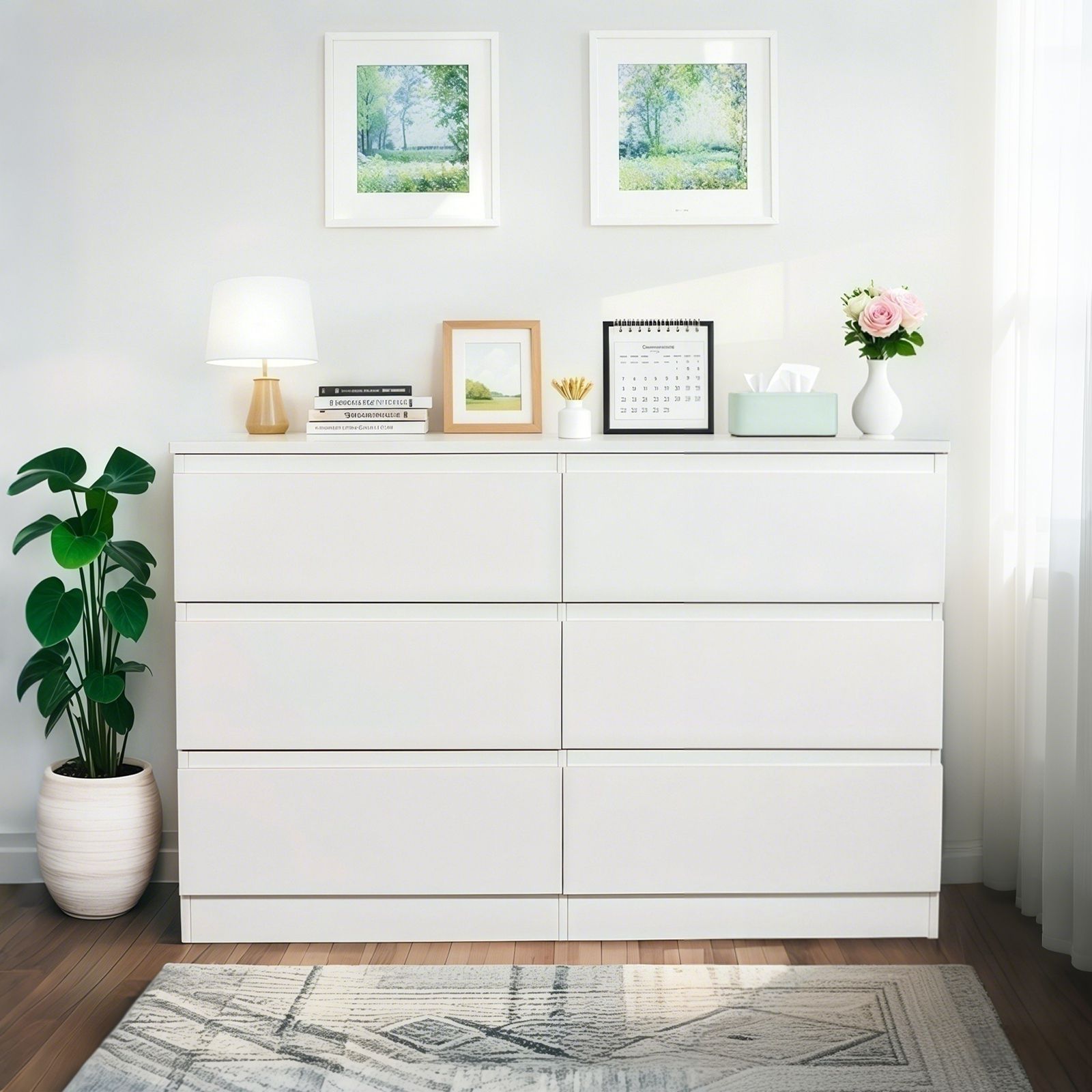 New 6-Drawer White Dresser, Modern Bedroom Storage Cabinet with Hidden Handles