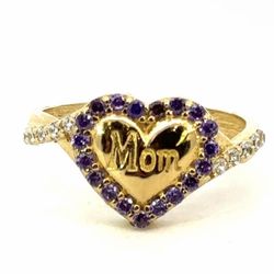 Woman’s Ladies 10k Yellow Gold CZ Cubic Zirconia Mom Purple Heart Band Ring Size 7 GP3116286