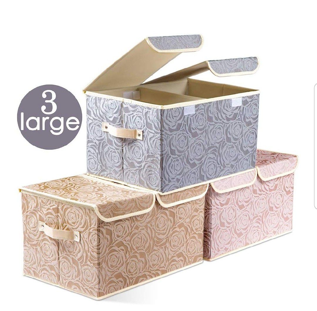 3 pack Large Foldable Storage Bins with Lids [3-Pack] Fabric Decorative Storage Box Cubes Organizer Containers Baskets with Cover Handles