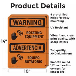 (2 Pack) Rotating Equipment With Symbol Bilingual OSHA Warning Sign Decal Metal 