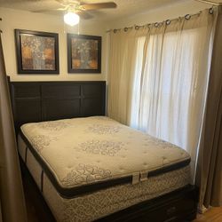 Queen Bed, 2 Drawers, Charging USB(x4) Headboard, Base Slate, Mattress, Matching Dressers (4 Piece Bedroom Set)