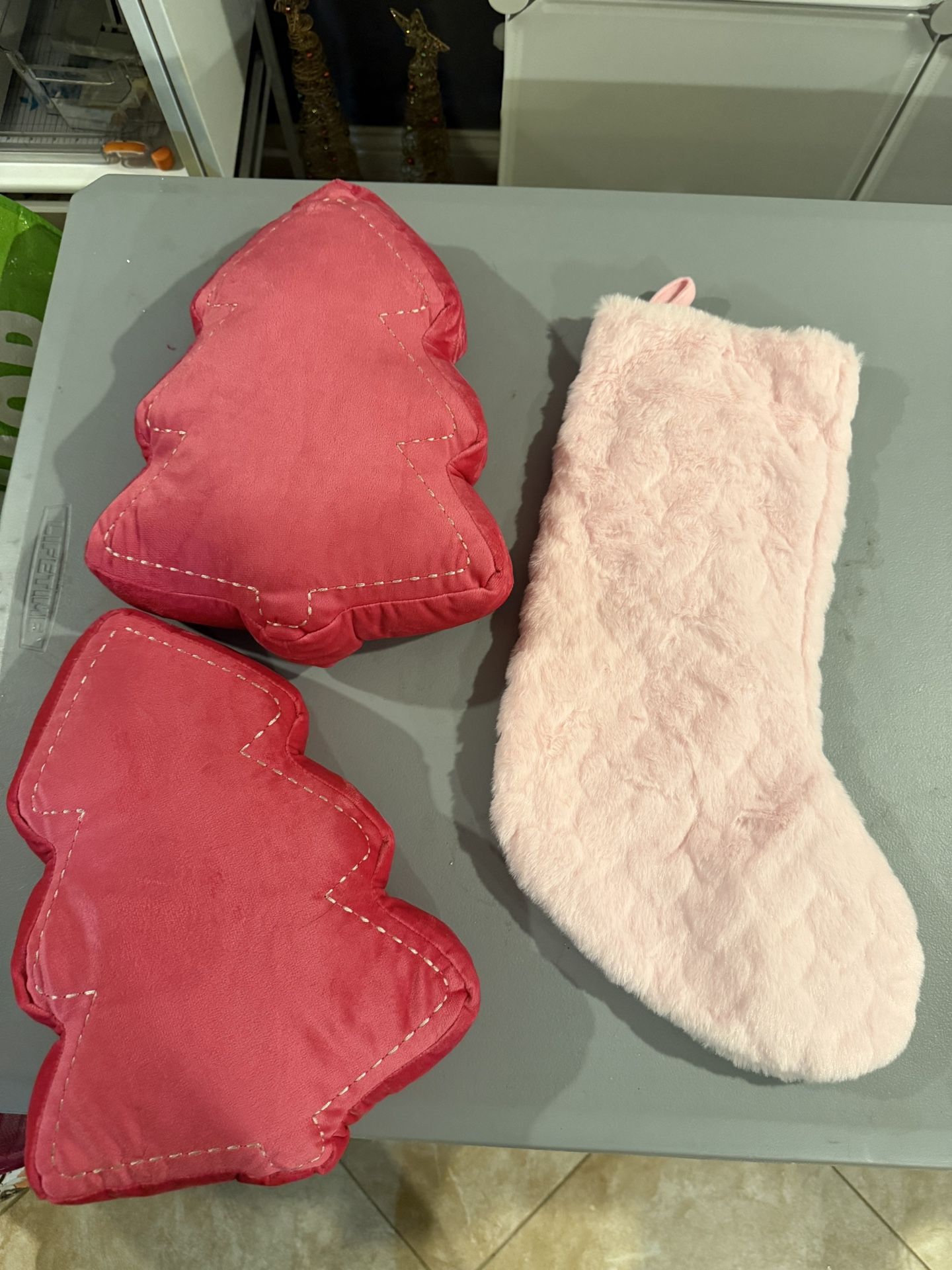 Pink Christmas Tree Pillow And One Pick Stocking 
