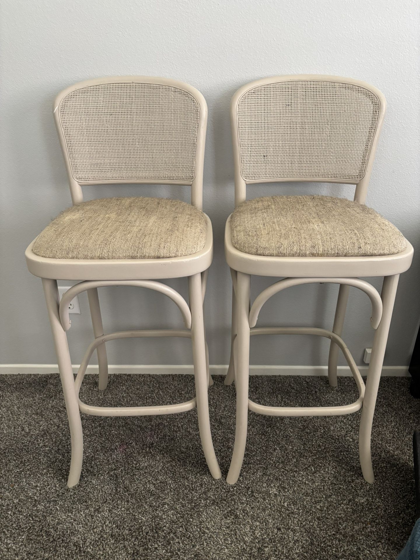 Pair of VINTAGE cane back wooden BAR STOOLS 30” seat height, used