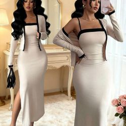  Elenzya 2pcs/Set Women's Elegant Color Block Long Sleeve Cardigan And Slip Dress Suit, Suitable For Party, Family Gathering, Christmas