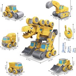 5 in 1 Take Apart Dinosaur Toys for Kids 3-5,5 Construction Trucks Transform into a Big Dinosaur Robot Toys,STEM Building Toys Gifts for 4 5 6 7 8 Yea
