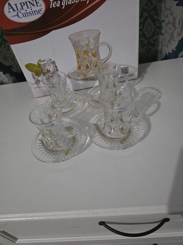 Alpine Cuisine Embossed Glass Turkish Coffee Cups And Saucers