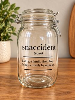 😂 “Snaccident” Wide Mouth Mason Style Glass Snack Jar with Airtight Clamp Lid 😂