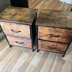 Set of 2 Industrial Nightstands / End Tables - Rustic Faux Wood & Black