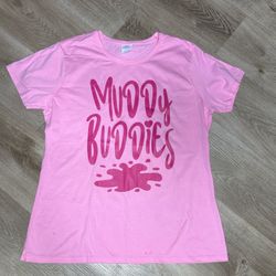 Pink “Mud Buddies” Graphic Tee – Women’s Large Cute Casual Shirt