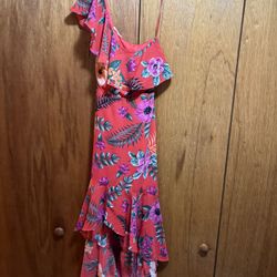 Mi Ami Red Floral One Shoulder Ruffled High Low Dress