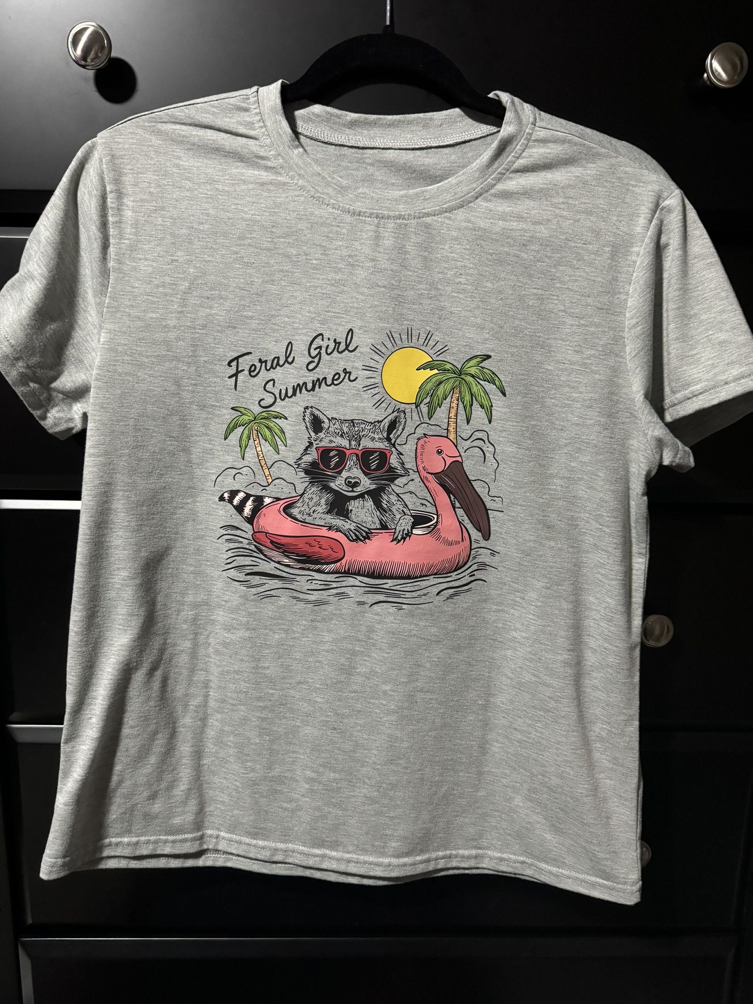 New. Women’s Size Large Feral Girl Summer Raccoon Graphic Shirt 