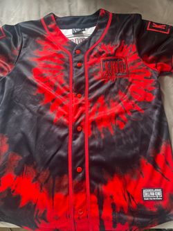 This is a Sullivan King "Thank You For Raging" baseball jersey, featuring a red and black blood splatter design and embroidered logo detailing.