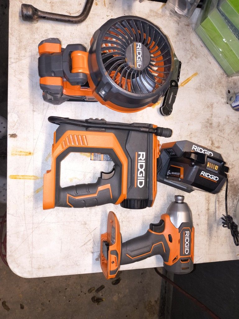 Ridgid Power Tools Set Drill,Fan,Tire Inflator,6ah Battery