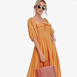 Square Neck Puff-Sleeve Midi Dress in orange medium