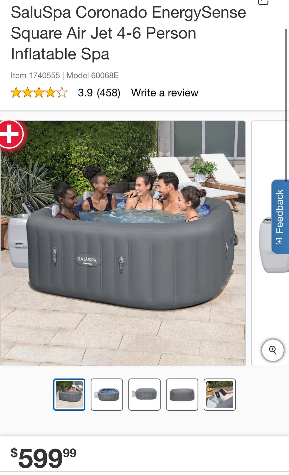 SaluSpa Coronado EnergySense Square Air Jet 4-6 Person Inflatable Spa