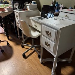 White Vintage Vanity With Chair Tall 34" Long 56" Wide 20"