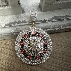 Roulette Wheel Spinning Gold Plated Pendant With Rhinestones 2.5”