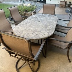 Aluminum Stone Top Table And Chairs With Serving Table And Two Ottomans 