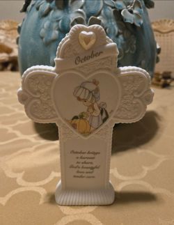 Vintage Precious Moments "October" Monthly Birthstone Standing Cross.