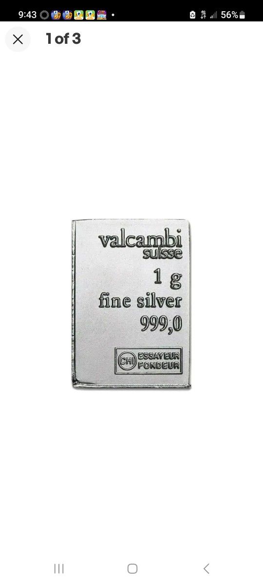 SILVER Bar - 1 Gram Pure .999 Valcambi