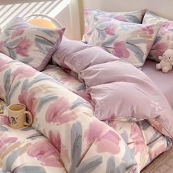 4pcs Duvet Cover Set- 100% Cotton Comfort Queen Size Duvet Cover Set,a Duvet Cover,a Deep Pocket Fitted Sheet,2 Pillow Shams Home Bedding with Zipper 